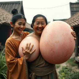 In a medieval Chinese village, a young Indonesian woman, short and emaciated with rotten teeth, is wearing a long, closed Buddhist robe with her hair styled in a bun and medieval earrings