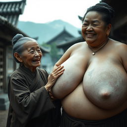 In a medieval Chinese village, an elderly Chinese woman, petite and emaciated with decayed teeth, is dressed in a long, fully closed Buddhist robe