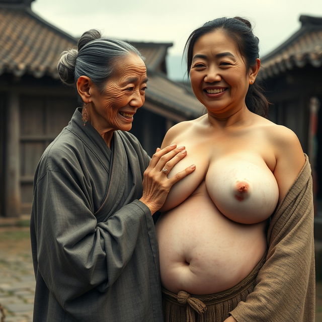 In a medieval Chinese village, an elderly Chinese woman, petite and emaciated with decayed teeth, is dressed in a long, fully closed Buddhist robe
