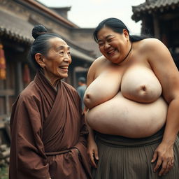 In a medieval Chinese village, an elderly Chinese woman, short and emaciated with decayed teeth, is wearing a long, fully closed Buddhist robe