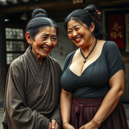 In a medieval Chinese village, an elderly Chinese woman, short and emaciated with decayed teeth, is wearing a long, fully closed Buddhist robe