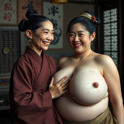 In a room from the Ming Dynasty, a young Chinese woman, notably short and emaciated with rotten teeth, is dressed in a long, fully closed Buddhist robe