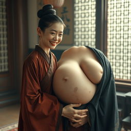 In a room from the Ming Dynasty, a young Chinese woman, notably short and emaciated with rotten teeth, is dressed in a long, fully closed Buddhist robe