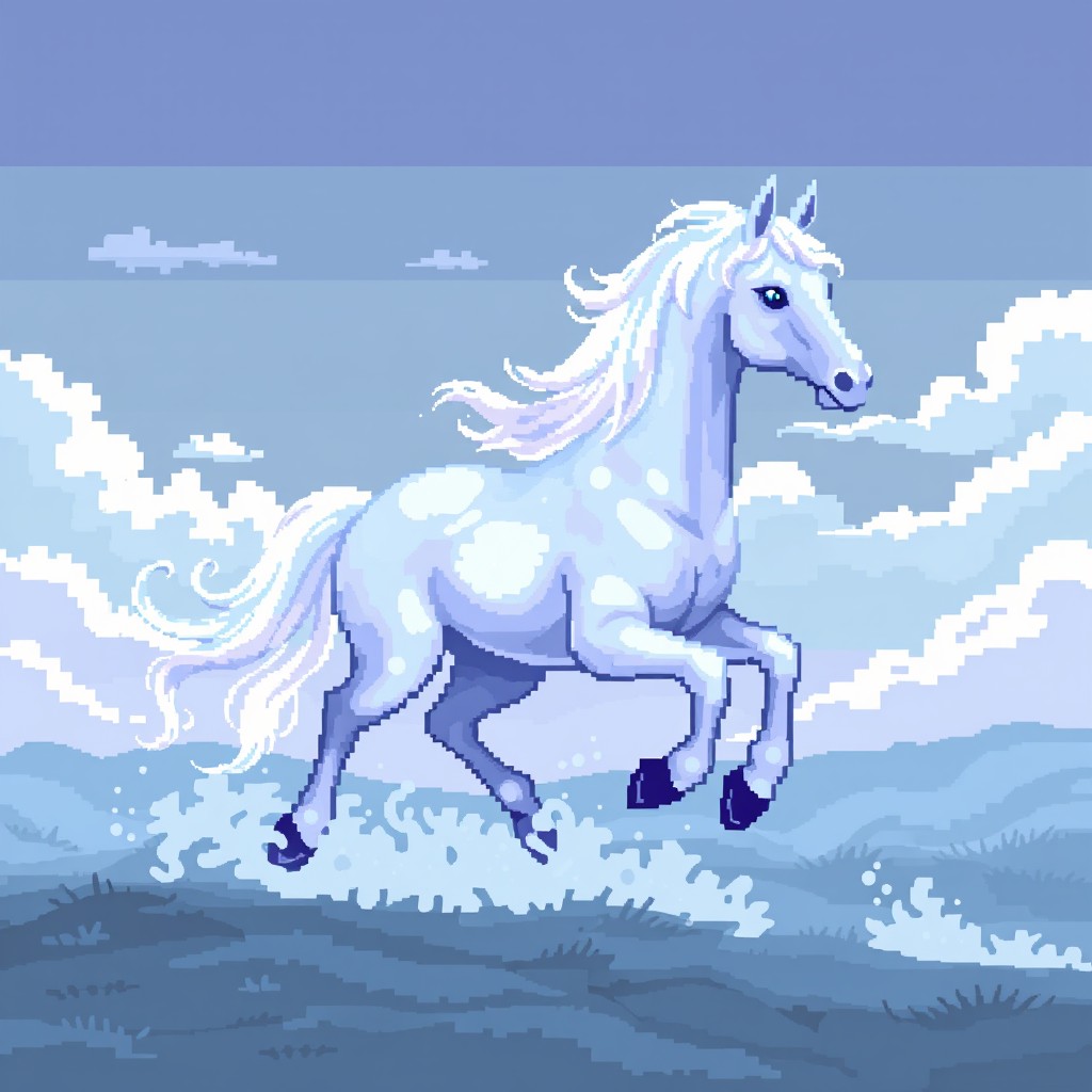 A captivating pixel art representation of a ghost horse, featuring an ethereal, translucent appearance that glows softly