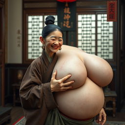 In a room from the Ming Dynasty, a young Chinese woman, notably short and emaciated with rotten teeth, is dressed in a long, fully closed Buddhist robe