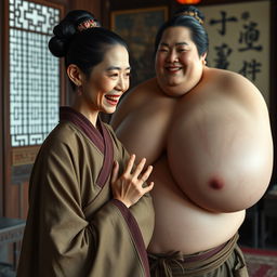 In a room from the Ming Dynasty, a young Chinese woman, notably short and emaciated with rotten teeth, is dressed in a long, fully closed Buddhist robe