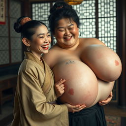 In a room from the Ming Dynasty, a young Chinese woman, notably short and emaciated with rotten teeth, is dressed in a long, fully closed Buddhist robe