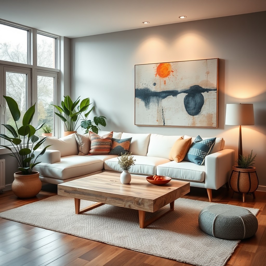 A beautifully decorated living room featuring a modern aesthetic