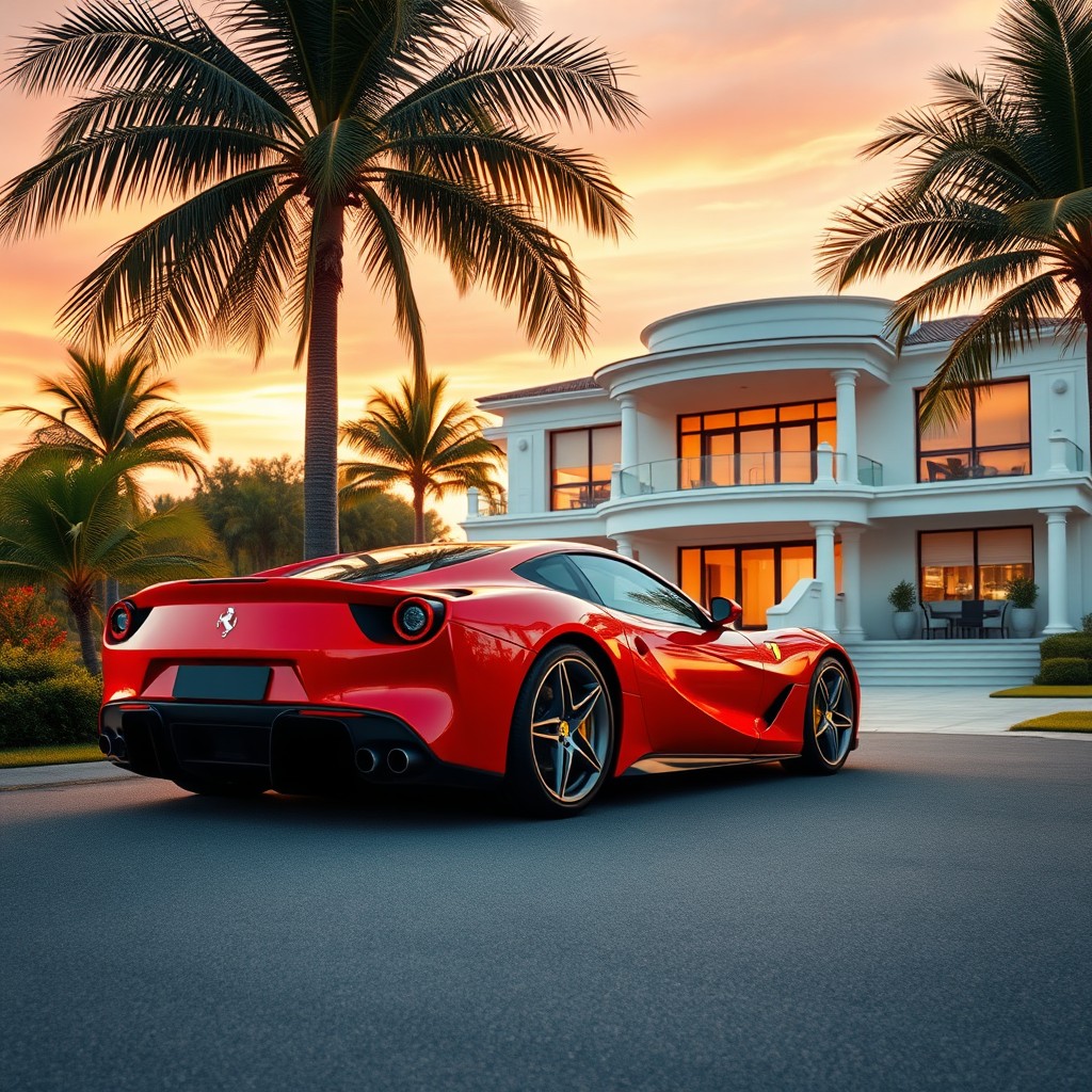 A vibrant scene featuring a sleek red Ferrari parked gracefully in front of a luxurious big white villa