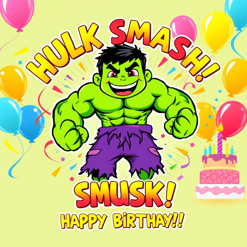 A vibrant birthday t-shirt design for a 5-year-old boy featuring a cartoonish depiction of The Hulk character