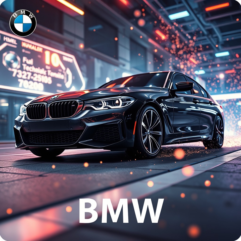A collectible game card featuring a BMW car, shown from a low angle side front perspective with stylish visual effects