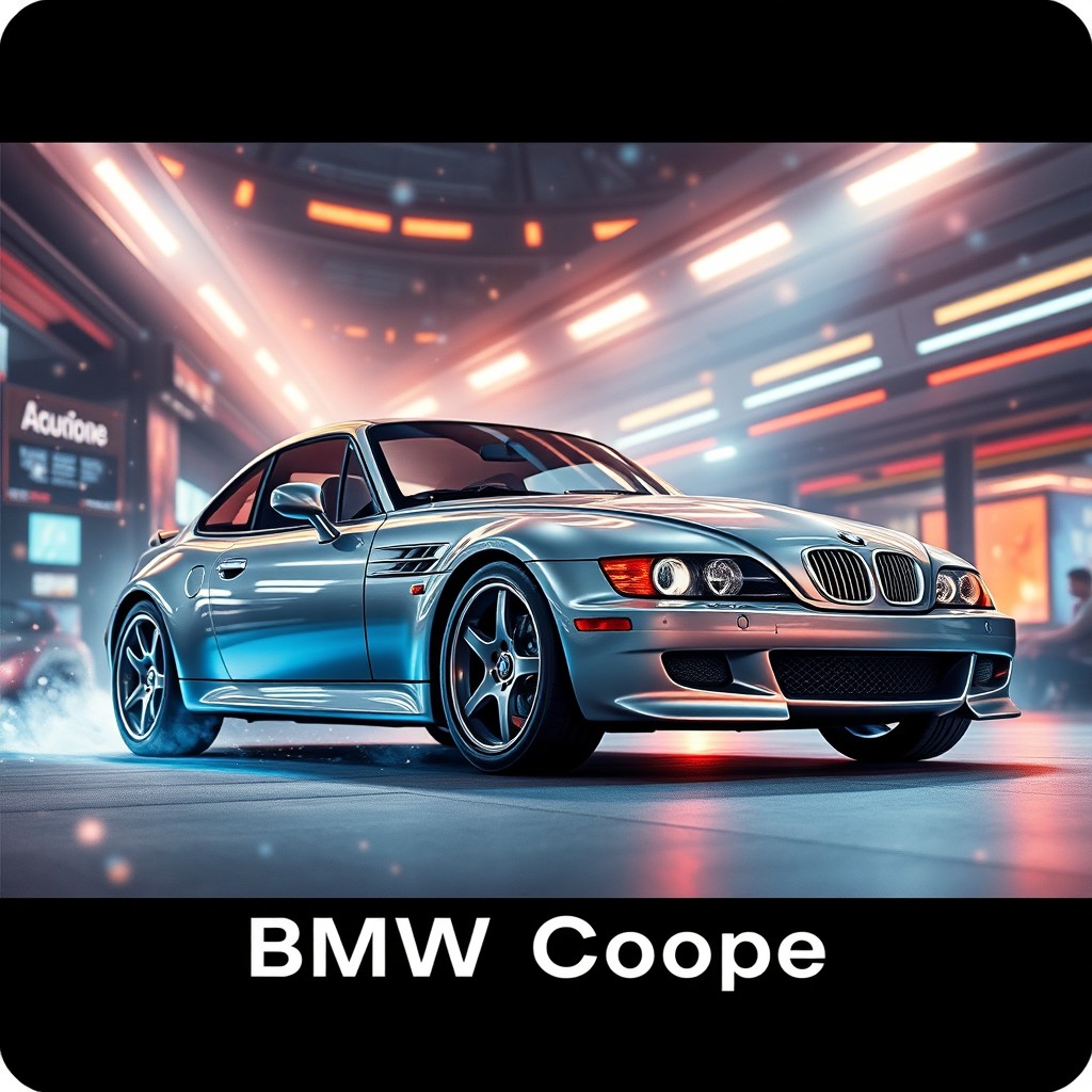 A collectible game card featuring a 1999 BMW coupe, showcased from a low angle side front perspective with stylish visual effects