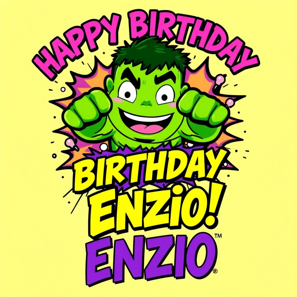 A vibrant and colorful birthday shirt design themed around the Hulk for a 5-year-old named Enzio