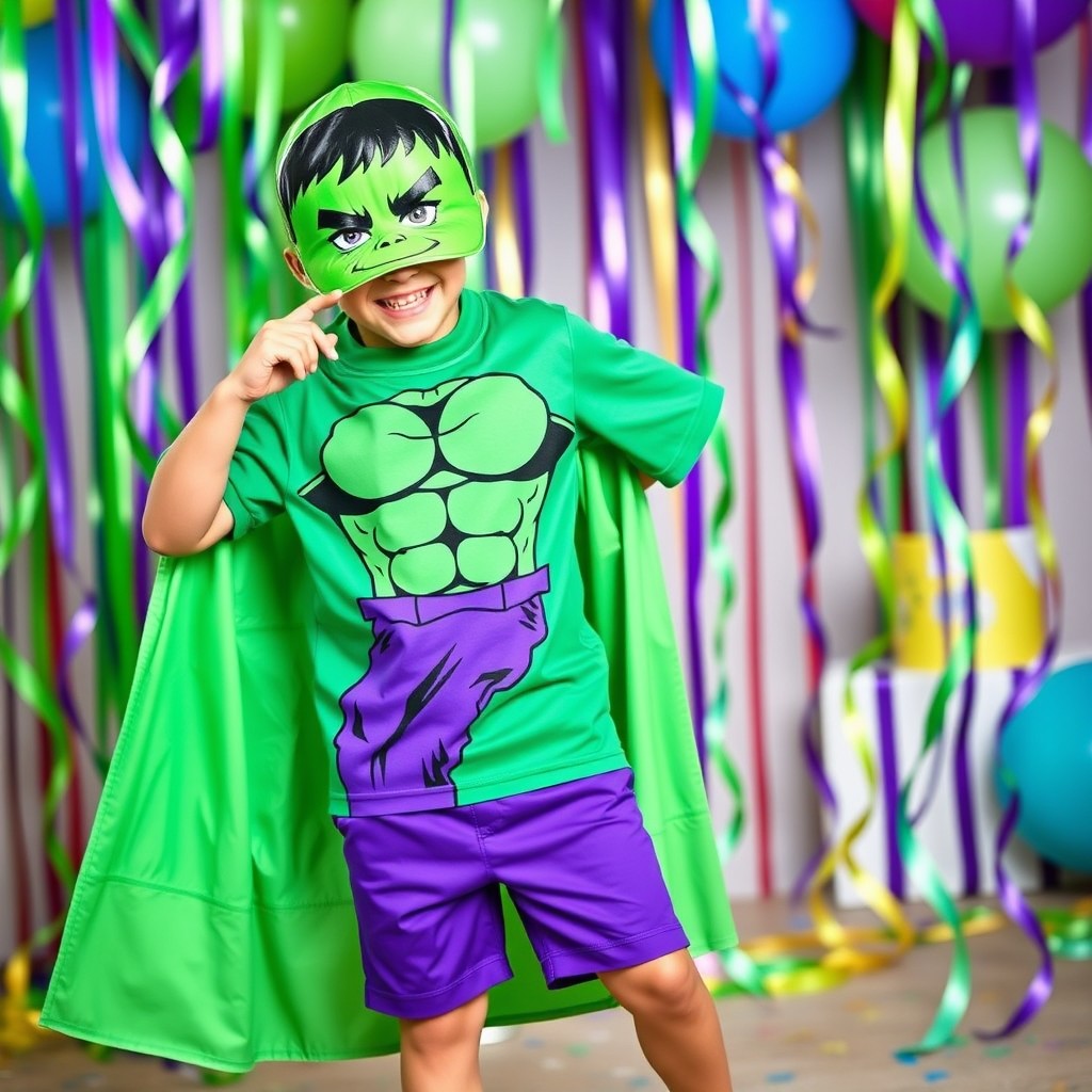 A vibrant and playful Hulk-themed birthday outfit for a 5-year-old named Enzio