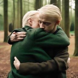 Cinematic capture of Draco Malfoy and Harry Potter embracing each other in a heartfelt hug.