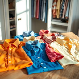 A collection of vibrant, stylish shirts displayed elegantly across a minimalist wooden table