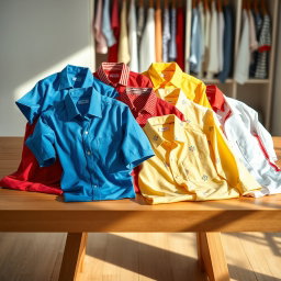A collection of vibrant, stylish shirts displayed elegantly across a minimalist wooden table