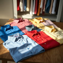 A collection of vibrant, stylish shirts displayed elegantly across a minimalist wooden table