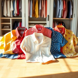 A collection of vibrant, stylish shirts displayed elegantly across a minimalist wooden table