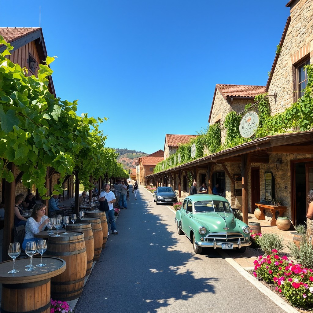 A charming winery street lined with picturesque vineyards and rustic buildings, featuring wooden wine barrels and lush green grapevines under a clear blue sky