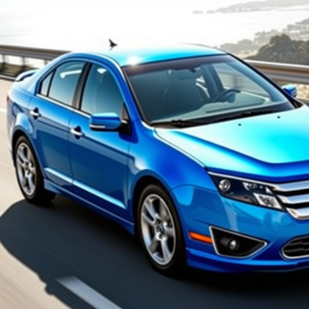 A sleek, modern, sporty 2010 Ford Fusion, painted in a vibrant shade of blue, showcasing its aerodynamic lines and contemporary design features