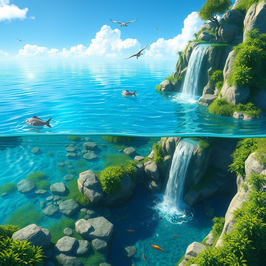 A realistic and immersive water environment for a game, showcasing various forms of water such as a serene lake with clear blue water, gentle ripples, and reflected clouds in the sky