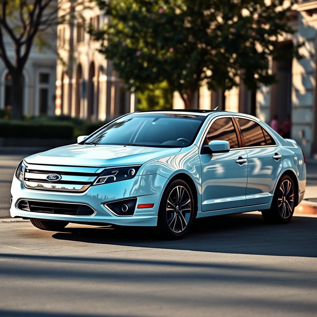 A realistic and highly detailed image of a 2010 Ford Fusion, painted in a soft baby blue color