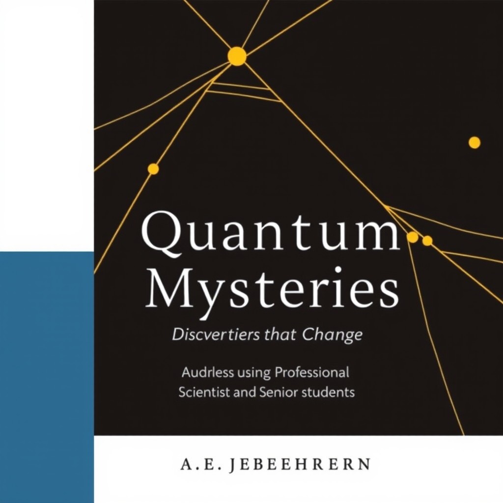 A scientific book cover design titled 'Quantum Mysteries: Discoveries that Change the World'