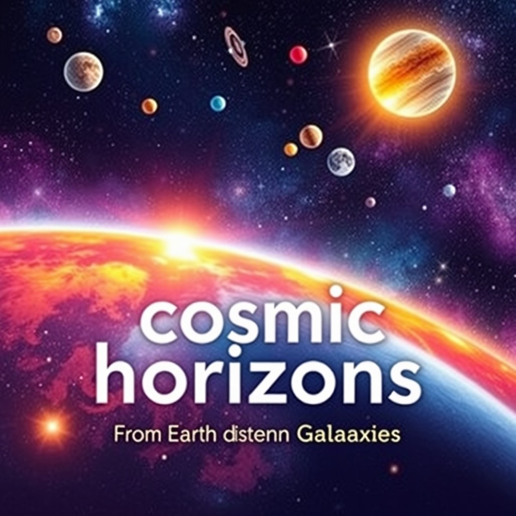 A popular science book cover design titled 'Cosmic Horizons: From Earth to Distant Galaxies'