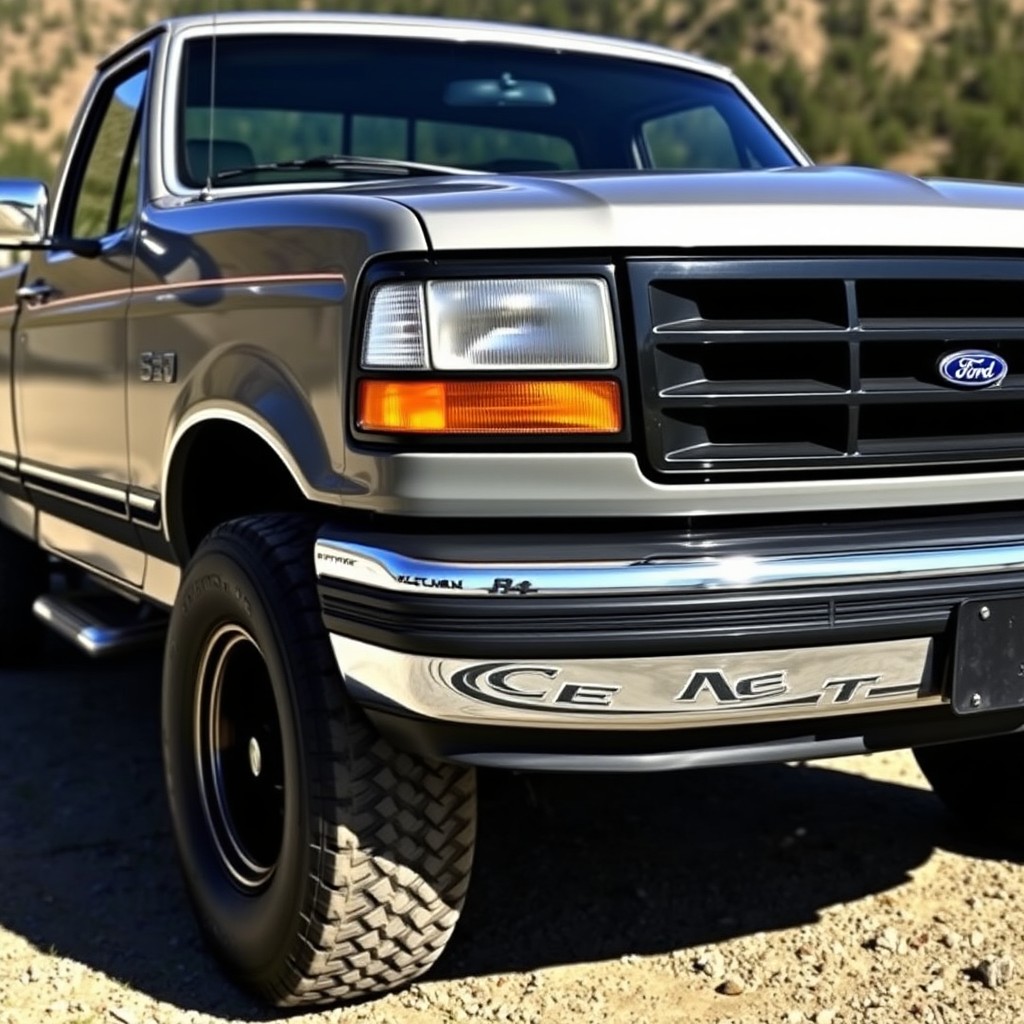 A 1996 Ford F150 truck painted in cement gray, featuring black grills and black detailing
