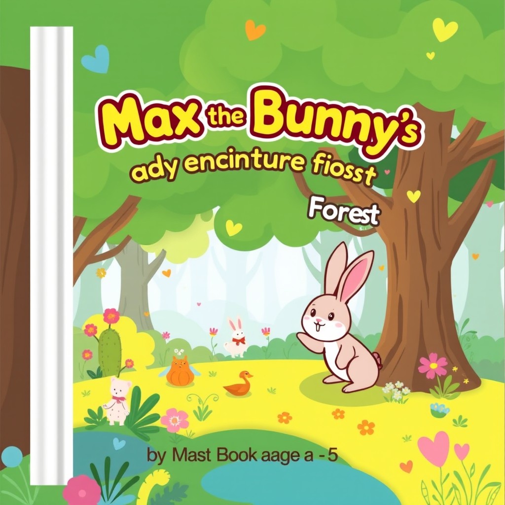 A children's book cover design titled 'Max the Bunny's Adventures in the Enchanted Forest'