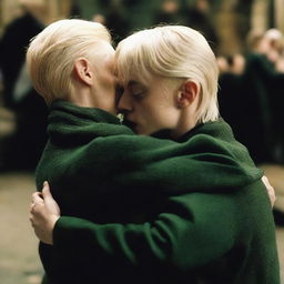 Cinematic capture of Draco Malfoy and Harry Potter embracing each other in a heartfelt hug.