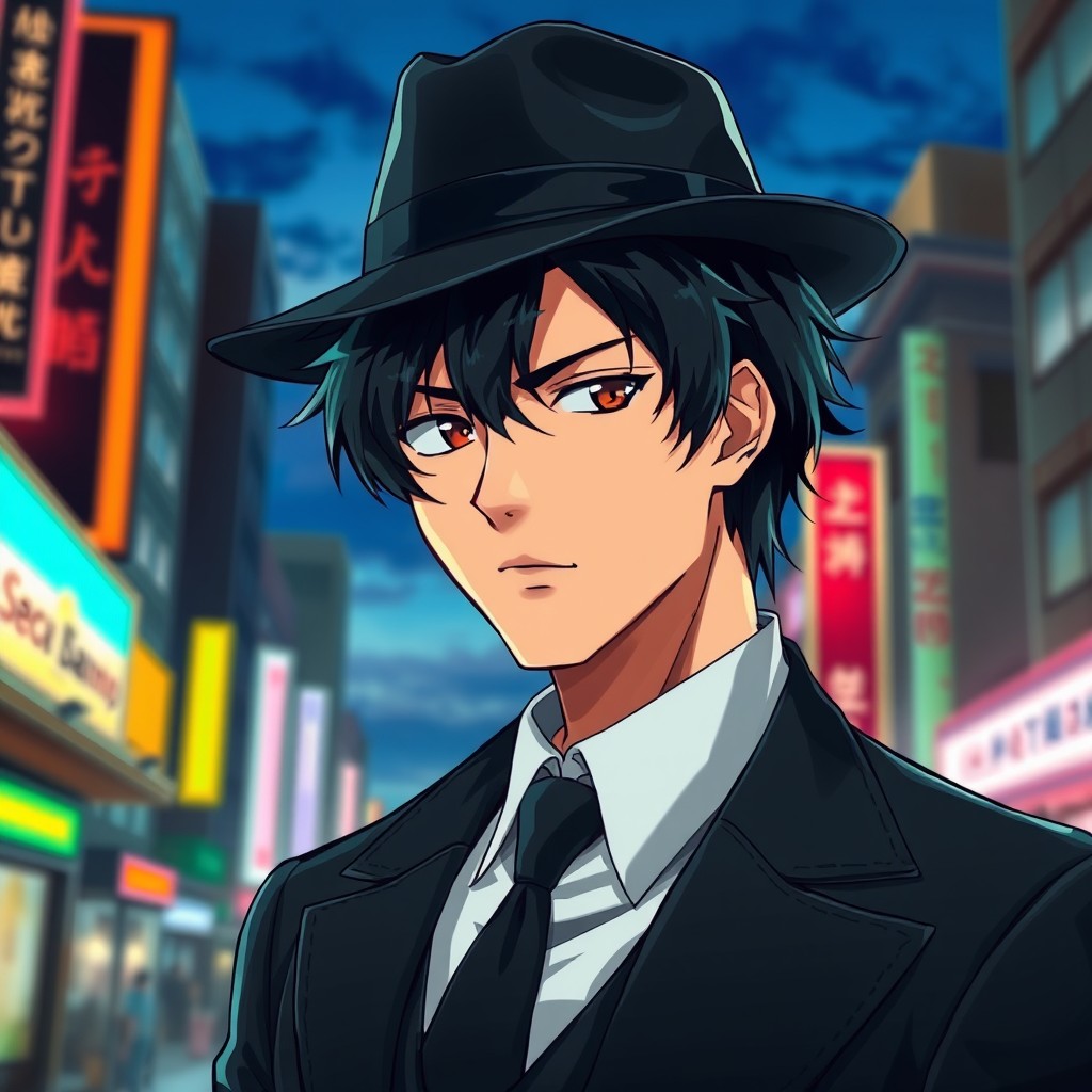 An anime-style man wearing a stylish fedora and a tailored suit, sporting short messy black hair