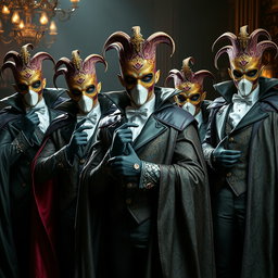 An impressive group of male supervillains dressed in elaborate Venetian carnival outfits, each adorned with intricate patterns and vibrant colors