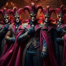 An impressive group of male supervillains dressed in elaborate Venetian carnival outfits, each adorned with intricate patterns and vibrant colors