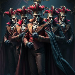 An impressive group of male supervillains dressed in elaborate Venetian carnival outfits, each adorned with intricate patterns and vibrant colors