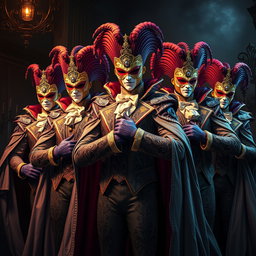 An impressive group of male supervillains dressed in elaborate Venetian carnival outfits, each adorned with intricate patterns and vibrant colors