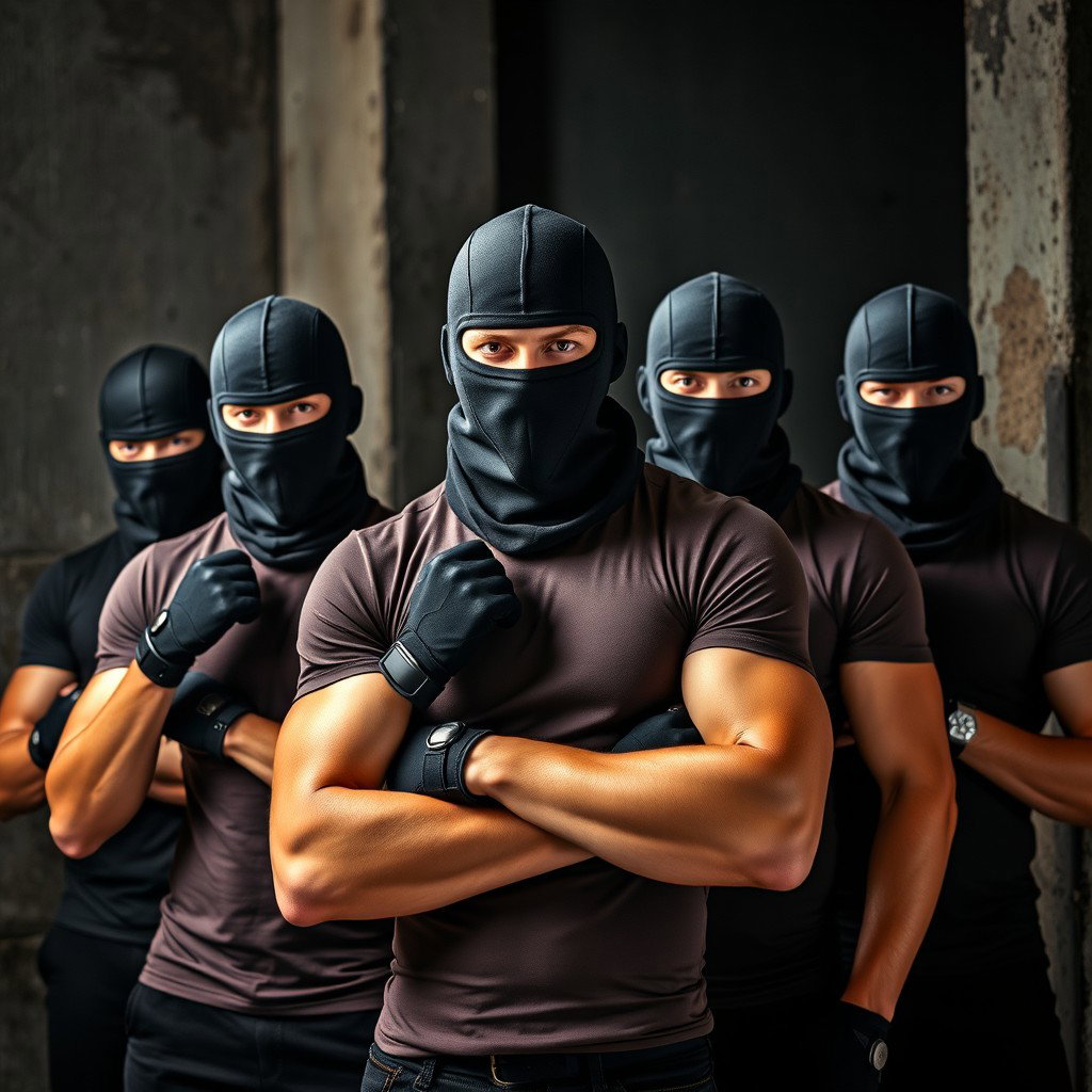 A group of young men wearing form-fitting t-shirts that highlight their athletic physiques, each complemented by stylish black balaclavas that cover their faces, adding an air of mystery and rebellion