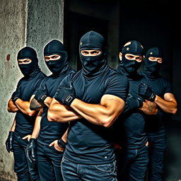 A group of young men wearing form-fitting t-shirts that highlight their athletic physiques, each complemented by stylish black balaclavas that cover their faces, adding an air of mystery and rebellion