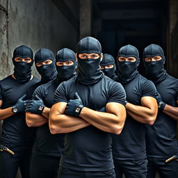 A group of young men wearing form-fitting t-shirts that highlight their athletic physiques, each complemented by stylish black balaclavas that cover their faces, adding an air of mystery and rebellion