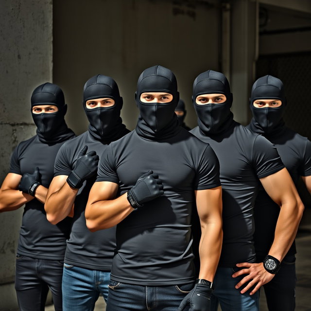 A group of young men wearing form-fitting t-shirts that highlight their athletic physiques, each complemented by stylish black balaclavas that cover their faces, adding an air of mystery and rebellion