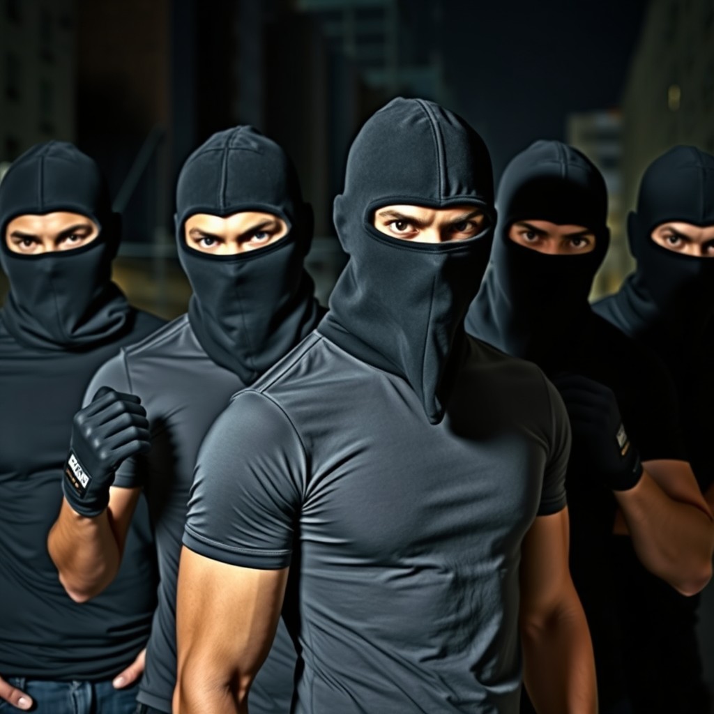 A tense scene depicting a group of young men wearing fitted t-shirts that enhance their athletic builds, each covered by distinctive black balaclavas that obscure their faces, exuding an aura of secrecy and intimidation