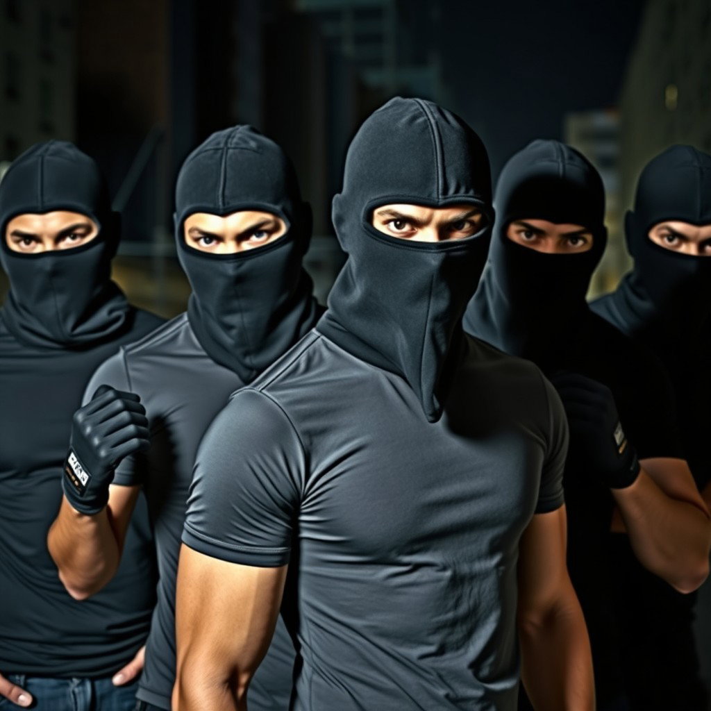 A tense scene depicting a group of young men wearing fitted t-shirts that enhance their athletic builds, each covered by distinctive black balaclavas that obscure their faces, exuding an aura of secrecy and intimidation