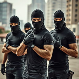 A tense scene depicting a group of young men wearing fitted t-shirts that enhance their athletic builds, each covered by distinctive black balaclavas that obscure their faces, exuding an aura of secrecy and intimidation