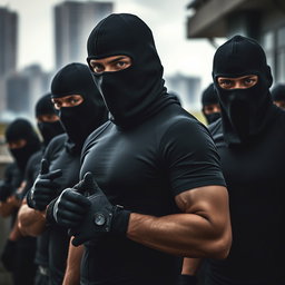 A tense scene depicting a group of young men wearing fitted t-shirts that enhance their athletic builds, each covered by distinctive black balaclavas that obscure their faces, exuding an aura of secrecy and intimidation