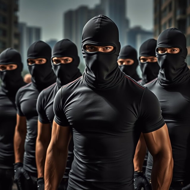 A tense scene depicting a group of young men wearing fitted t-shirts that enhance their athletic builds, each covered by distinctive black balaclavas that obscure their faces, exuding an aura of secrecy and intimidation