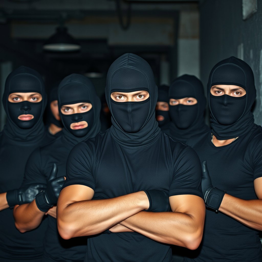 A group of young men exhibiting a sense of camaraderie and intensity, dressed in black balaclavas and fitted t-shirts that highlight their athletic builds