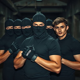 A group of young men exhibiting a sense of camaraderie and intensity, dressed in black balaclavas and fitted t-shirts that highlight their athletic builds