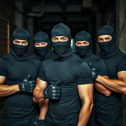 A group of young men exhibiting a sense of camaraderie and intensity, dressed in black balaclavas and fitted t-shirts that highlight their athletic builds
