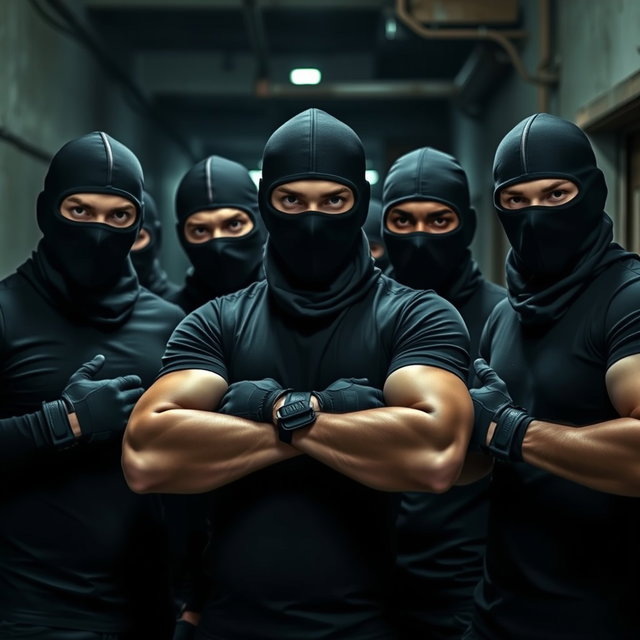 A group of young men exhibiting a sense of camaraderie and intensity, dressed in black balaclavas and fitted t-shirts that highlight their athletic builds